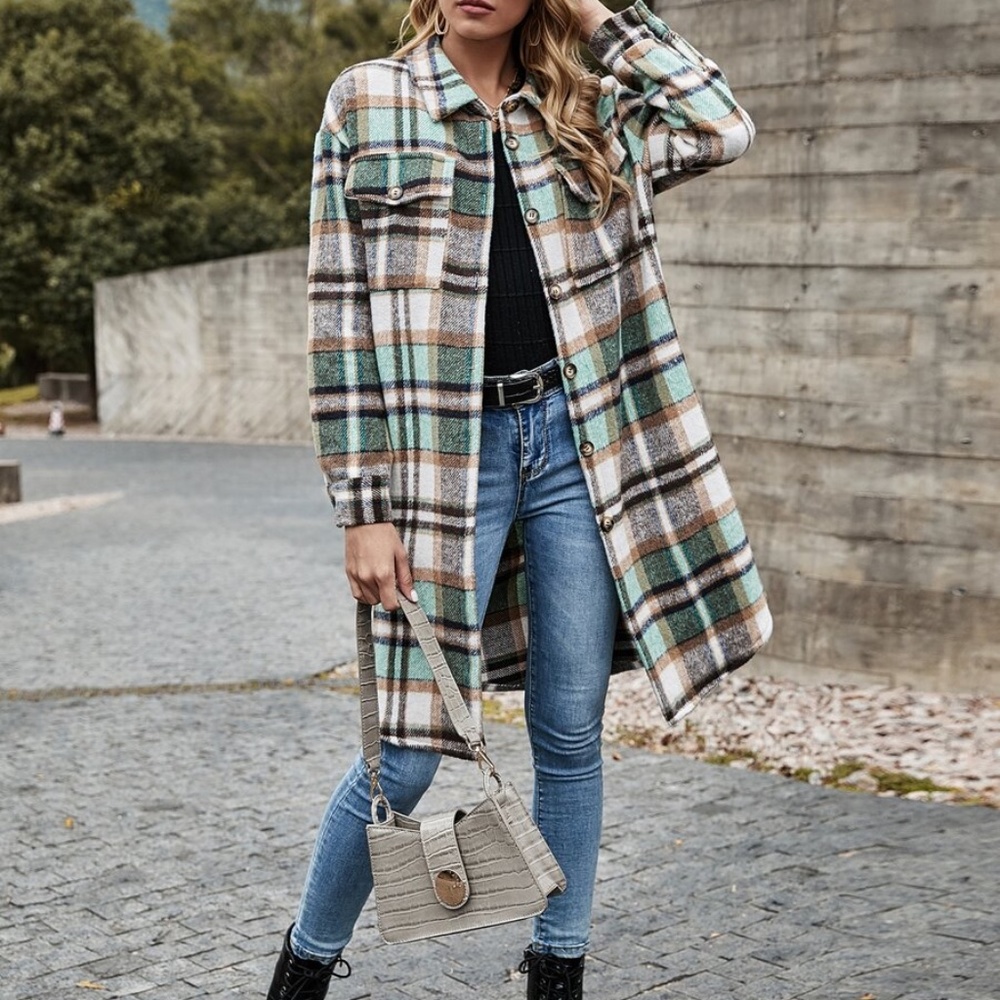 Comfy pink Plaid Button up Oversized Jacket Shacket - Picture 9 of 13